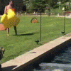 Арми на желтой утке прыгает в бассейн